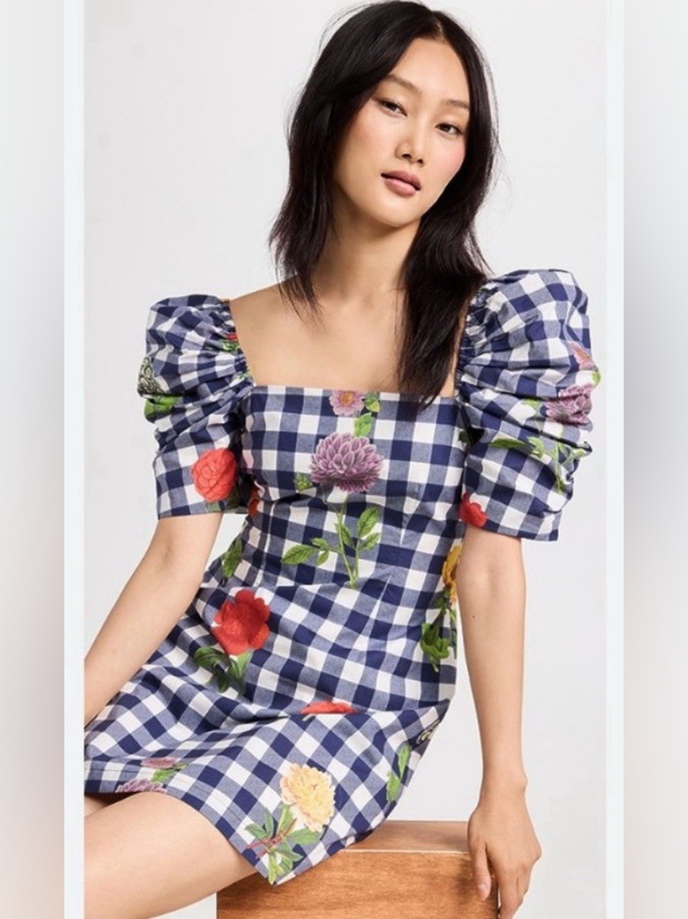 Cara Cara Kelly Navy & White Gingham Floral Mini Dress, Size Small